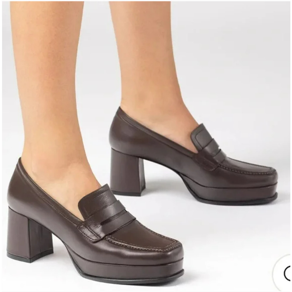 Jon Josef Leather Belen Penny Loafer Pump Heels Brown Women's Size 9